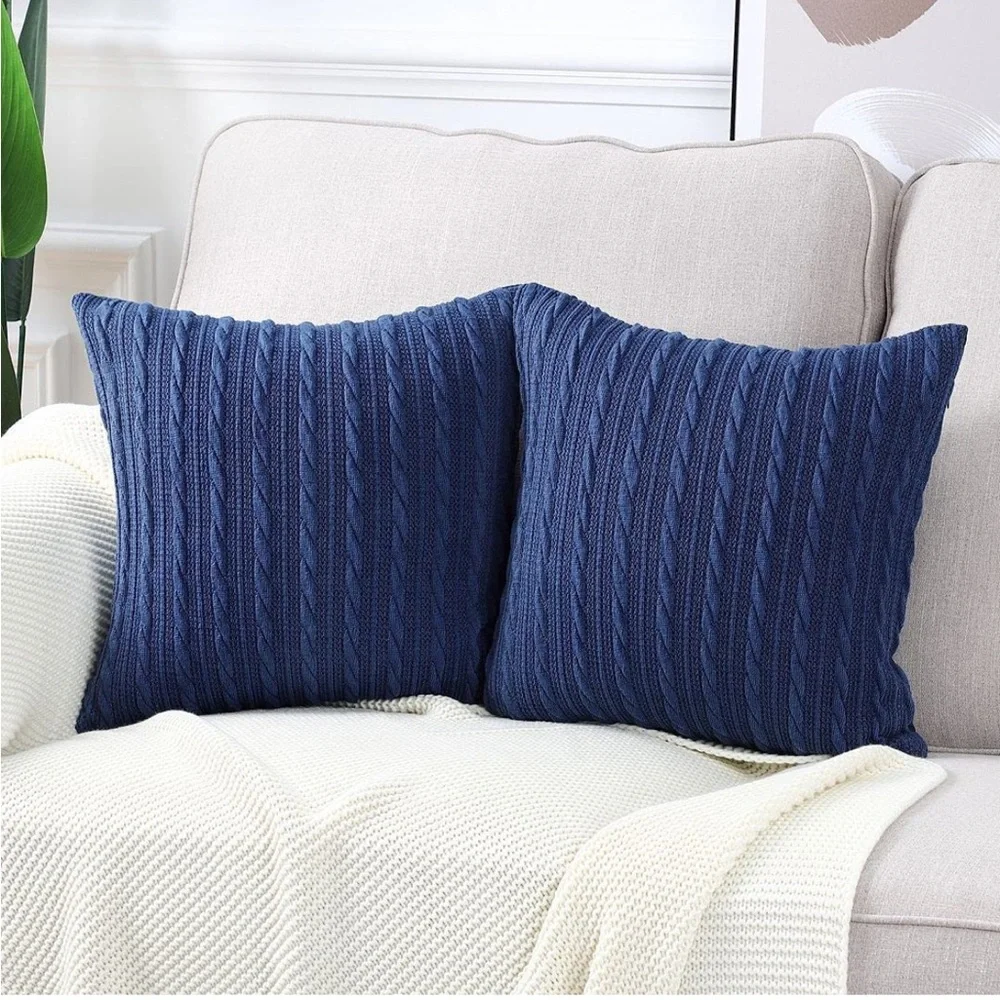 Luxury Home | Set Of 2 Elegant Navy Blue Cable Knit Throw Pillow Covers